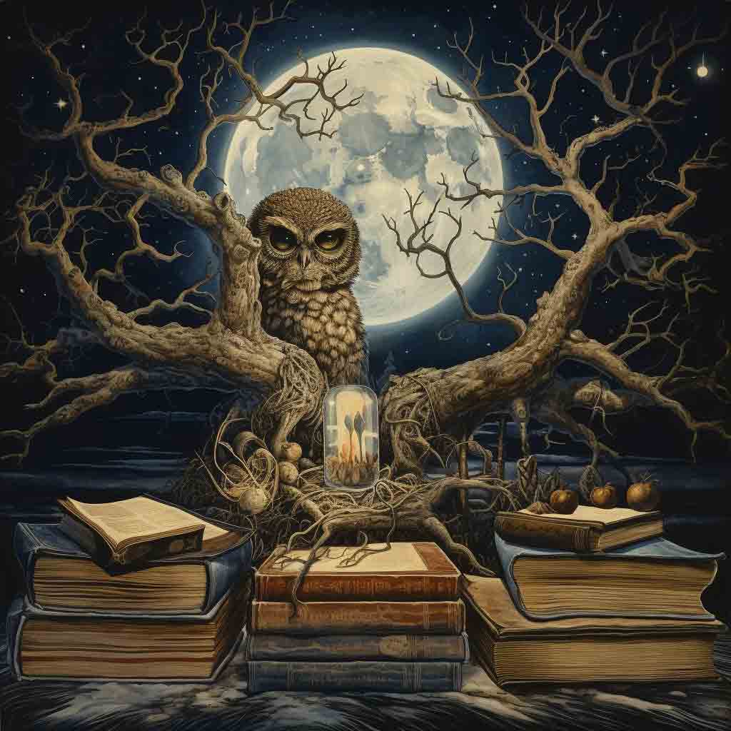 Exlibris-Insel Eule, Baum, Mond, Bücher